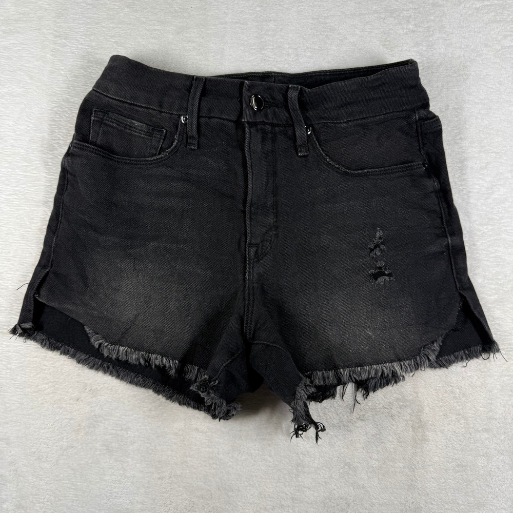 Good American High Rise Distressed Black Denim Shorts Raw Hem Size 4 27 10176